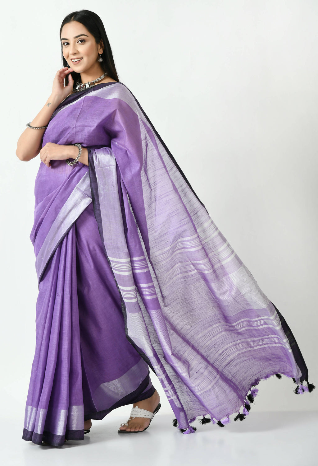Mominos Fashion Moeza Purple & Black Bhagalpuri Handloom Silk Linen Saree with unstitched Blouse piece | Grocsy