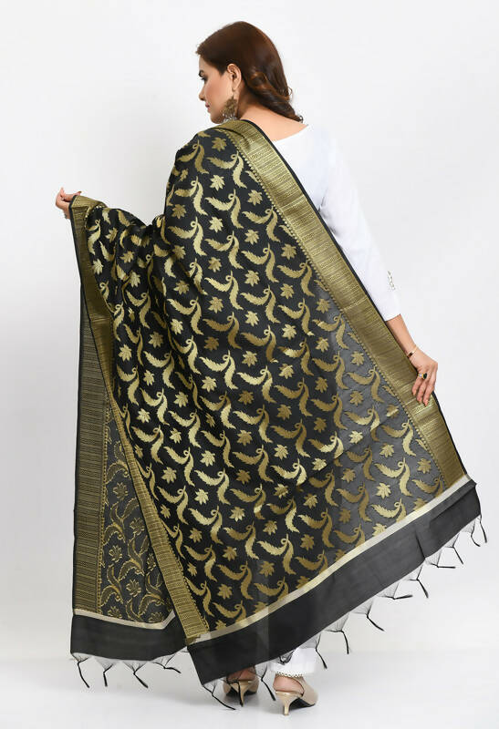 Mominos Fashion Moeza Women's Banarsi Silk Floral Woven Design Black Dupatta | Grocsy