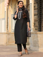 Juniper Women's Black Silk Solid Embroidered Kurta Set | Grocsy