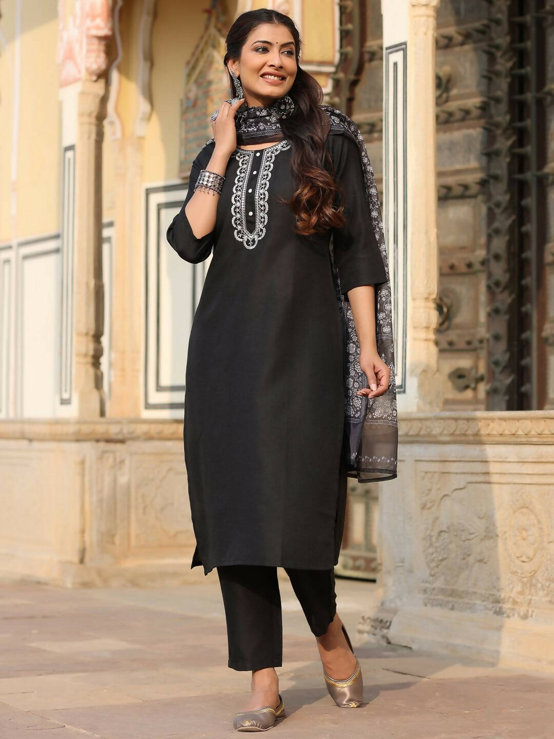 Juniper Women's Black Silk Solid Embroidered Kurta Set | Grocsy