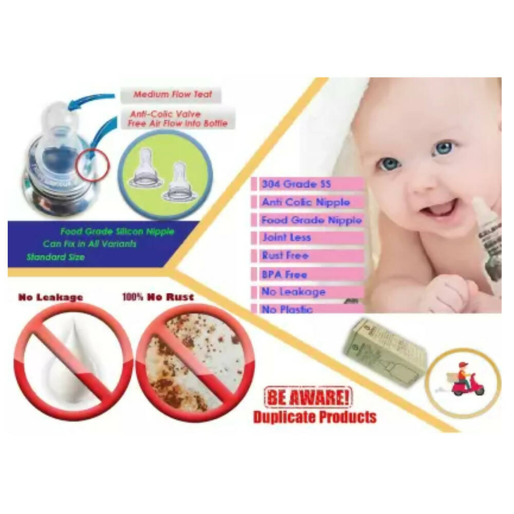 Goodmunchkins Stainless Steel Feeding Rustfree Bottle with 2 Anti Colic Silicone Nipple For Kids 150 ml | Grocsy