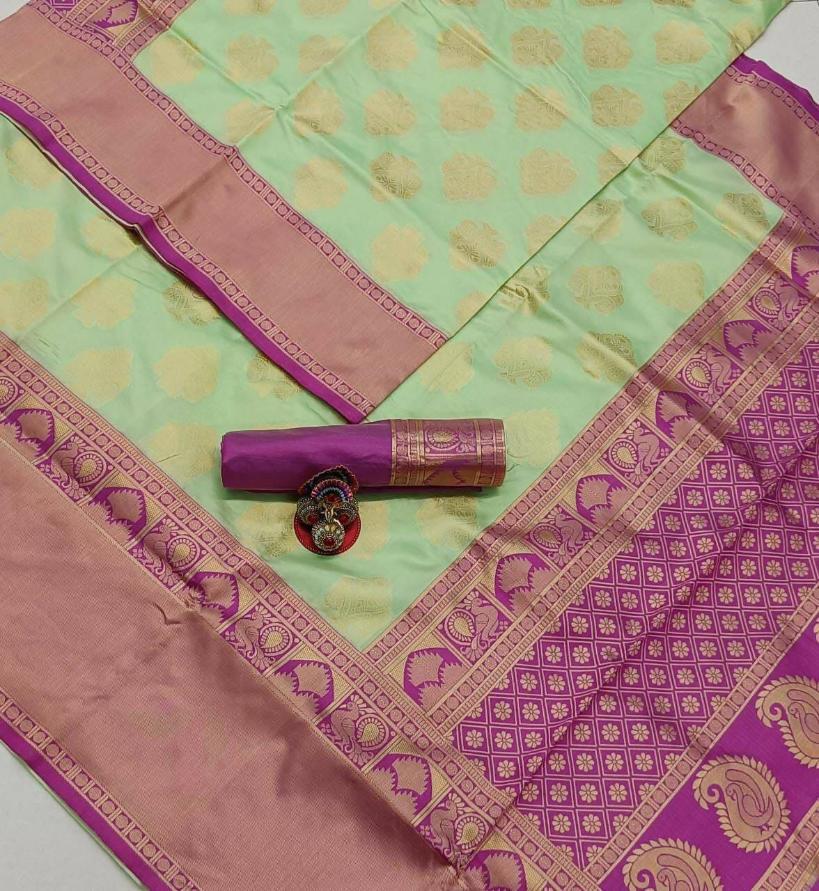 DEIANA'S Beautiful Designer Golden zari Soft Lichi Silk Saree - Pista | Grocsy