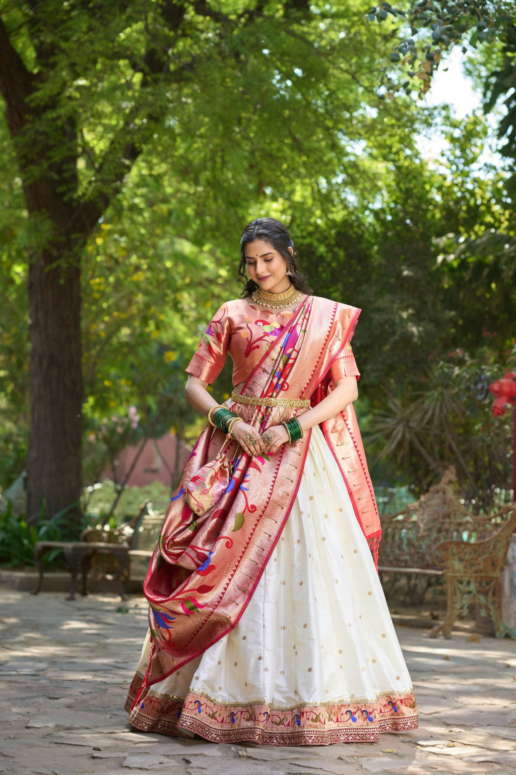 Vastranavya Perfect Classic And Contemporary Fashion Paithani Lehenga Choli - White | Grocsy