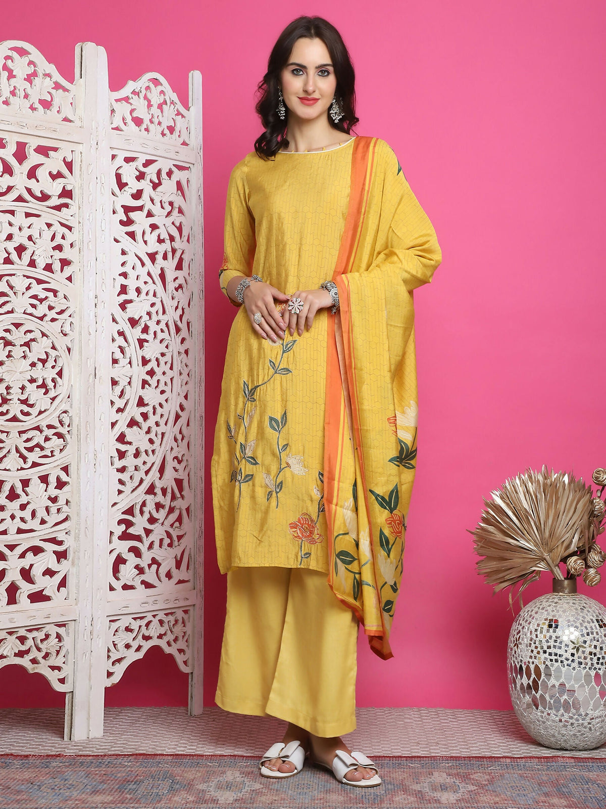 Jyoti Fashion Women's Yellow Muslin Floral Print with Jari & Crystal work Kurta with Trouser & Dupatta | Grocsy