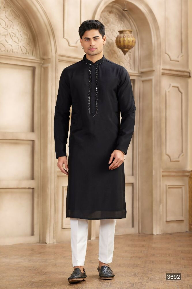 Raivat Ethnic Banarasi Art Silk Mirror Work Kurta Pajama In Black Colour | Grocsy