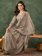 The52 Women's Gorgeous Embroidery Work Vichitra SIlk Fabric Flared Anarkali Pant and Dupatta Set | Grocsy