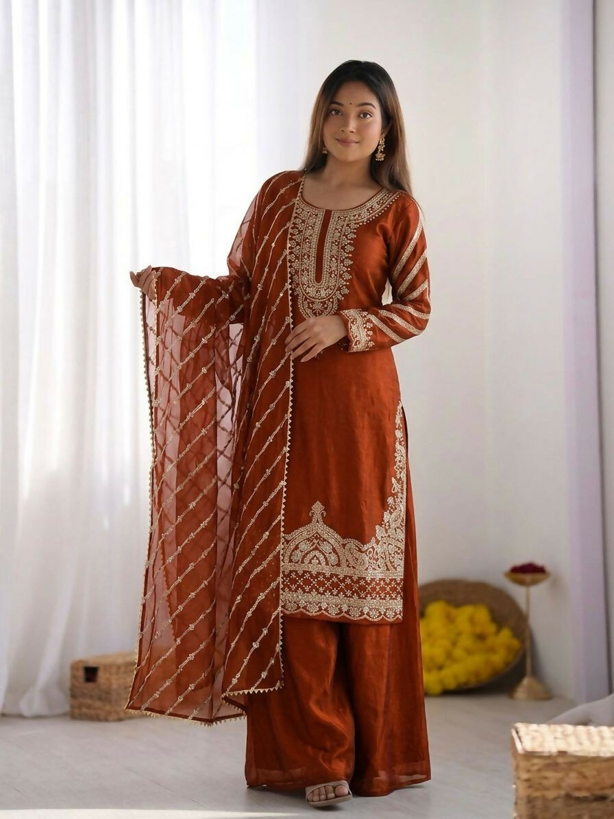 Teeya Creation New latest Trendy Embroidery Beads Work Kurta Sharara Set - Orange | Grocsy