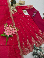 Teeya Creation Womens New Latest Trendy Elegant Red Embroidered Anarkali Suit Set with Scalloped Dupatta | Grocsy