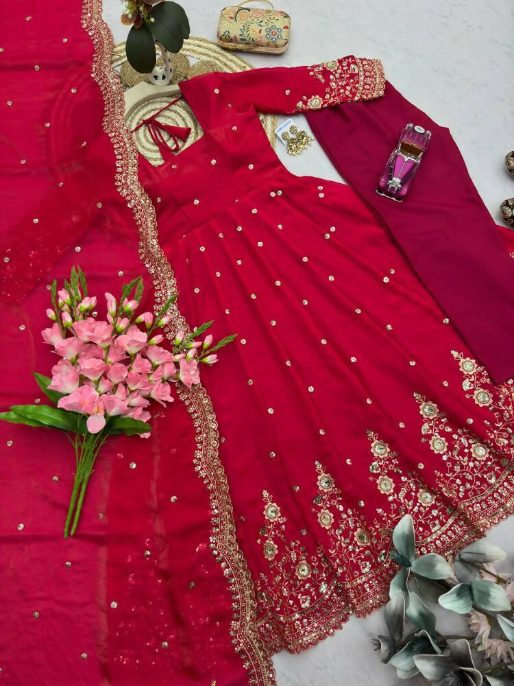 Teeya Creation Womens New Latest Trendy Elegant Red Embroidered Anarkali Suit Set with Scalloped Dupatta | Grocsy