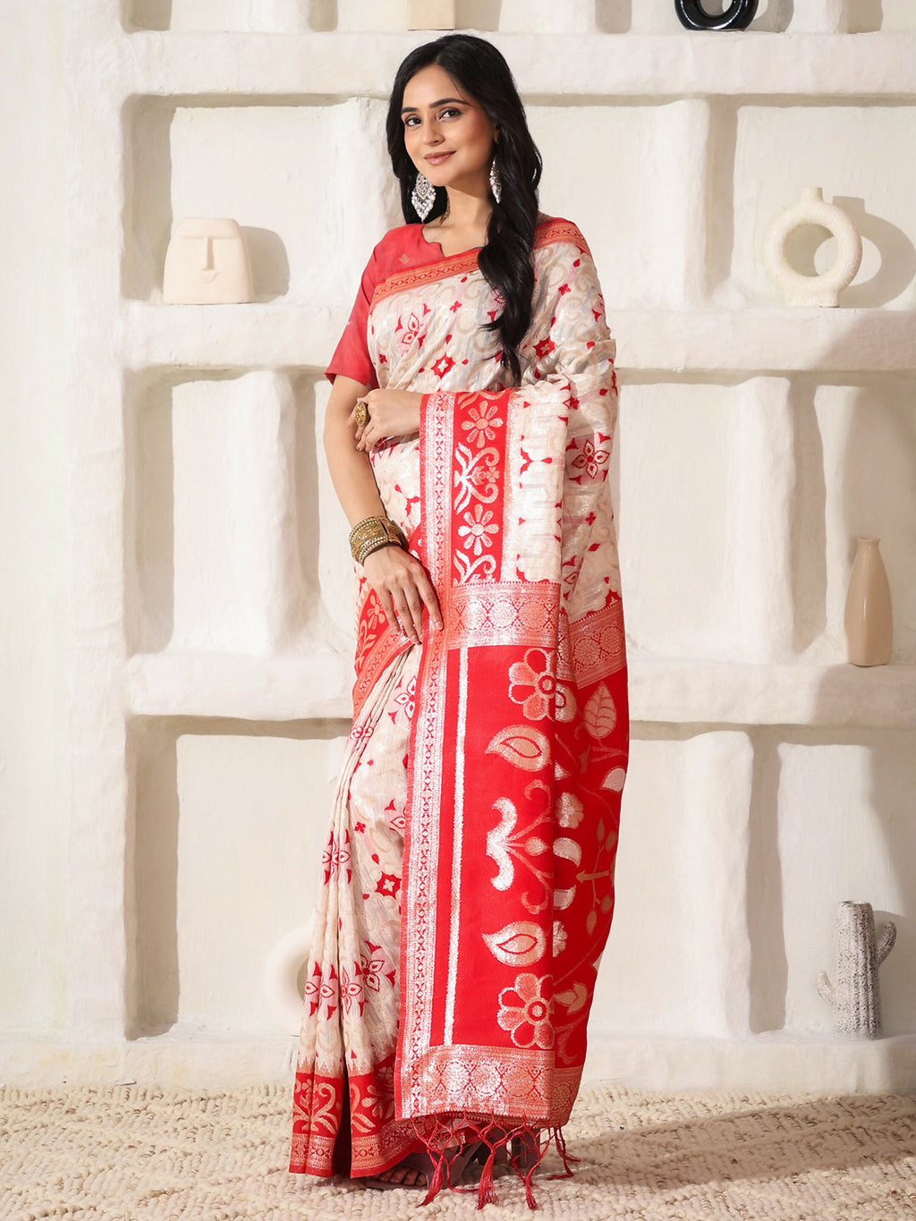 Shree Shyam Fashion Linen Cotton Red & White Saree | Grocsy