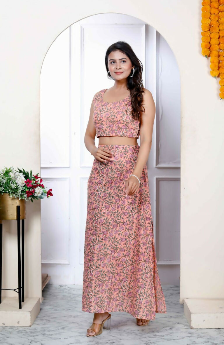 Miravan Women's Orange Floral Printed Crop Top And Skirt Co-Ord Set | Grocsy