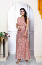Miravan Women's Orange Floral Printed Crop Top And Skirt Co-Ord Set | Grocsy
