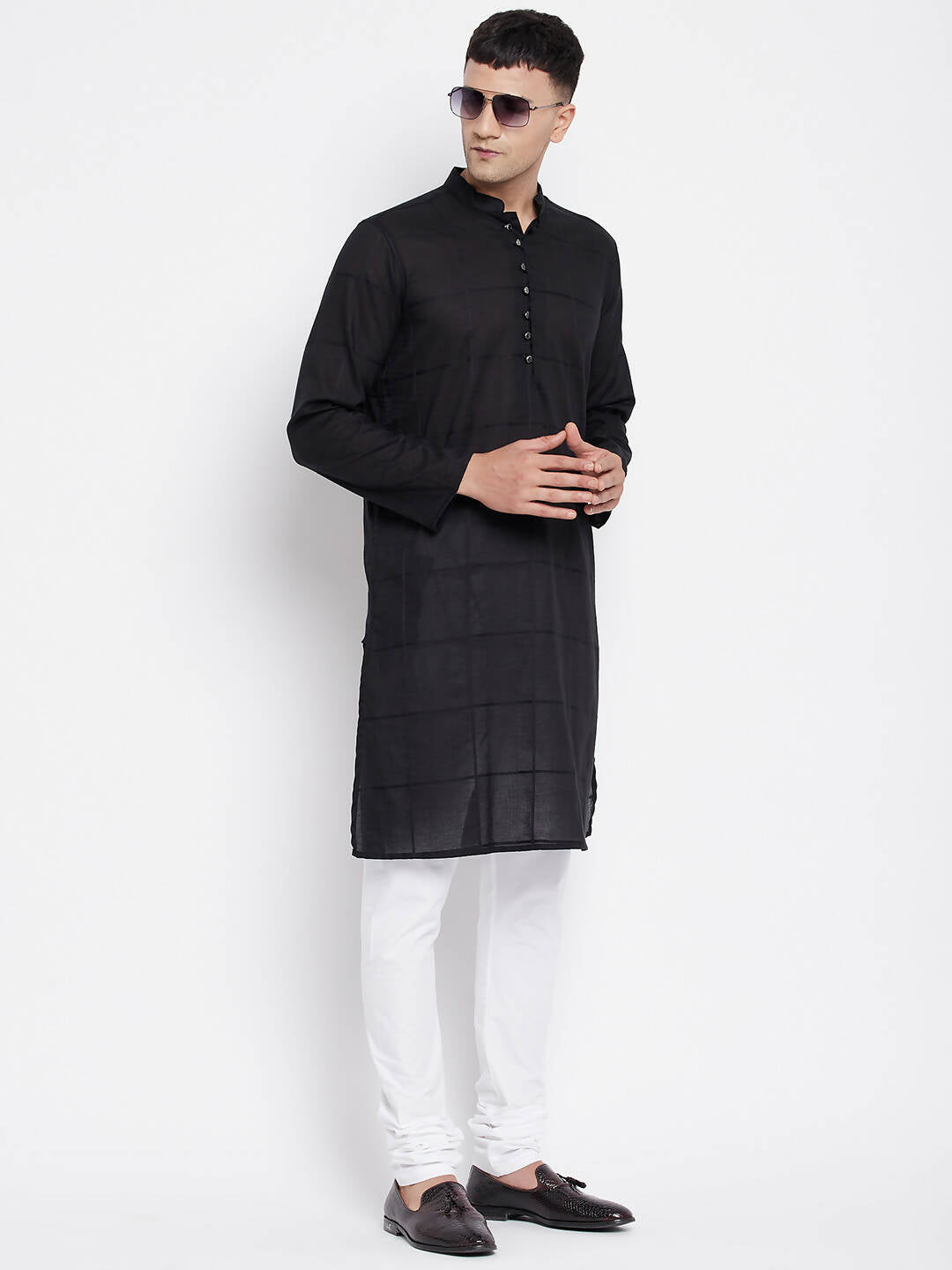 Even Apparels Pure Cotton Men's Kurta in Black Color With Band Collar | Grocsy