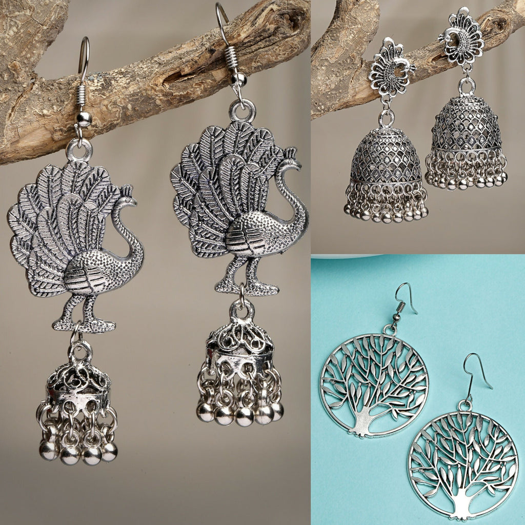 NVR Women's Set of 3 Silver-Toned German Silver Oxidised Dome Shaped Jhumka Earrings | Grocsy