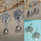 NVR Women's Set of 3 Silver-Toned German Silver Oxidised Dome Shaped Jhumka Earrings | Grocsy