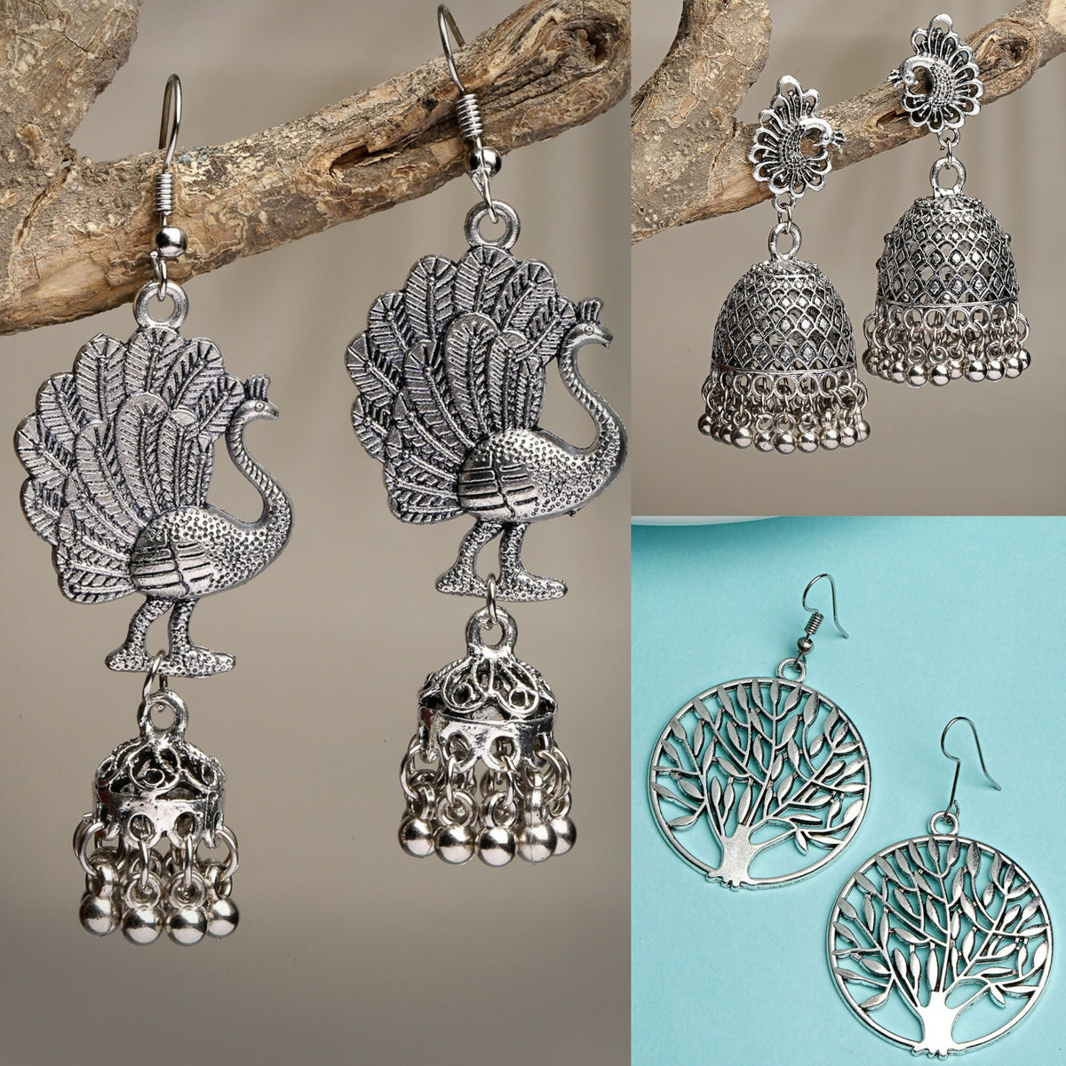 NVR Women's Set of 3 Silver-Toned German Silver Oxidised Dome Shaped Jhumka Earrings | Grocsy