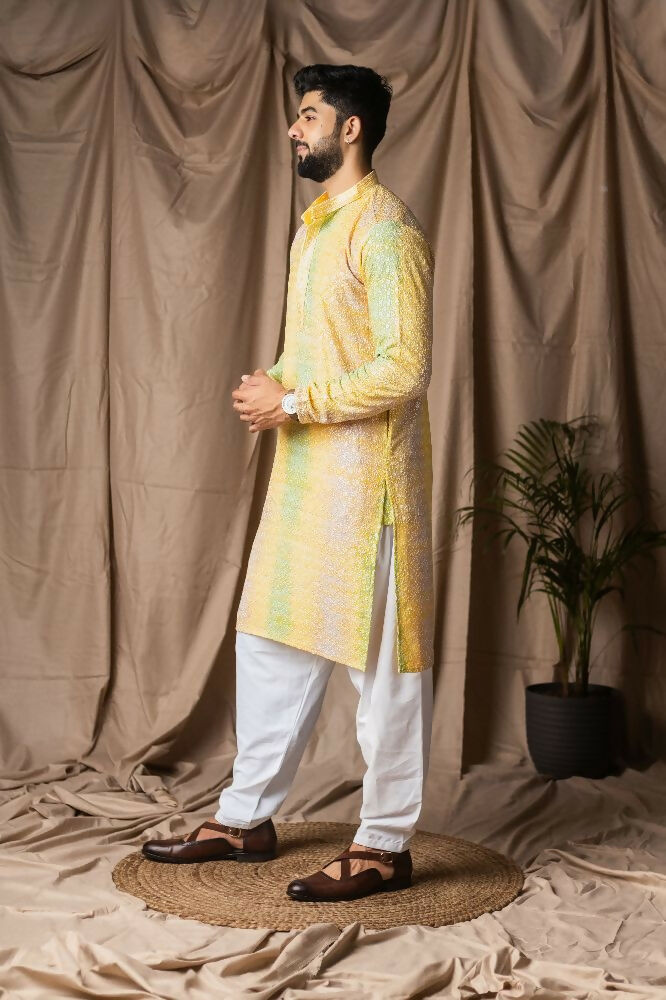Yellow Rayon Thread Embroidery Work Kurta Set - Mahotsav | Grocsy