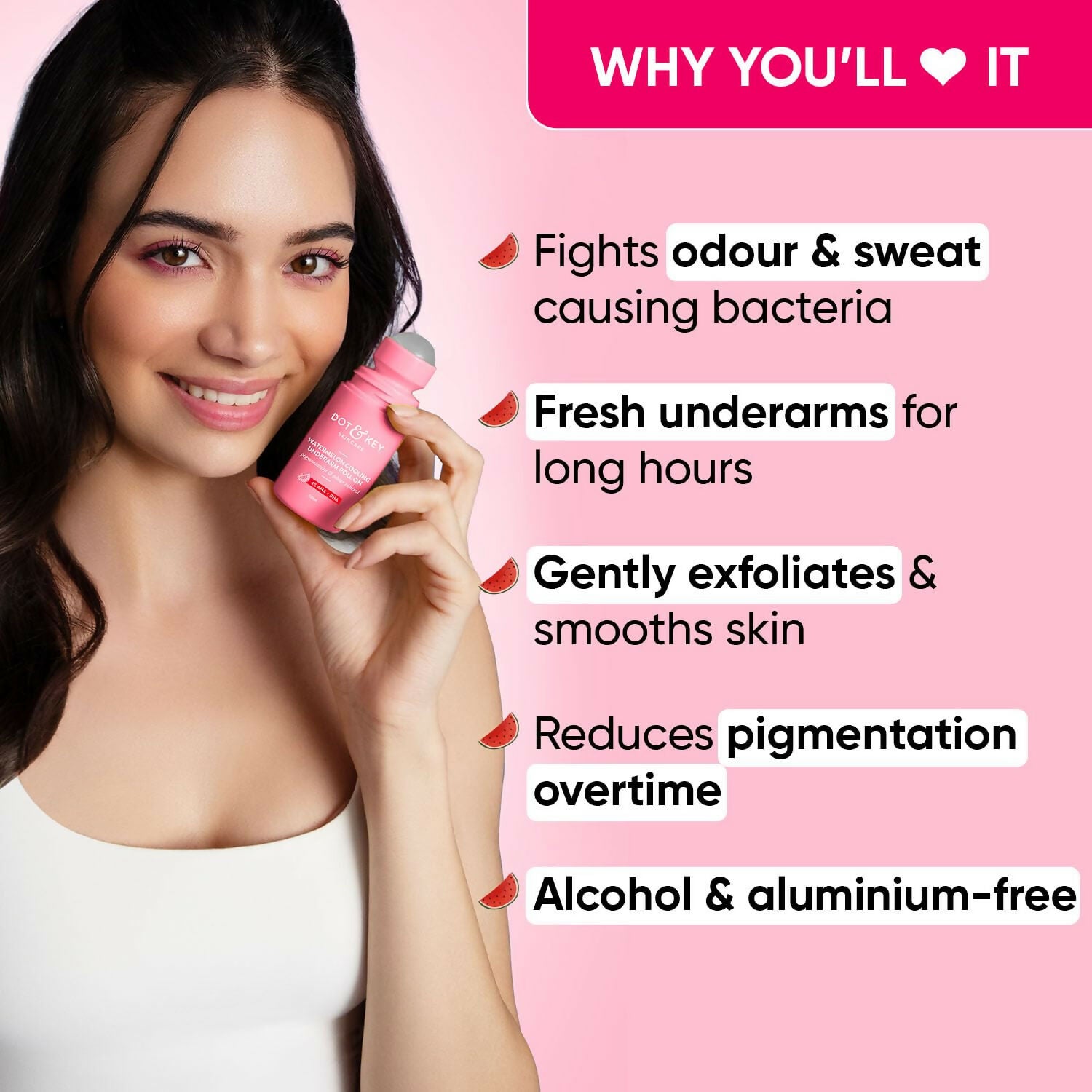 Dot & Key Watermelon Underarm Roll On Deodorant With 4% AHA + BHA | Grocsy