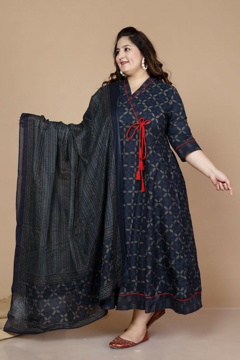 Miravan Women's Plus Size Abstract Printed & Tasseles Angrakha Kurta With Blue Dupatta Set | Grocsy