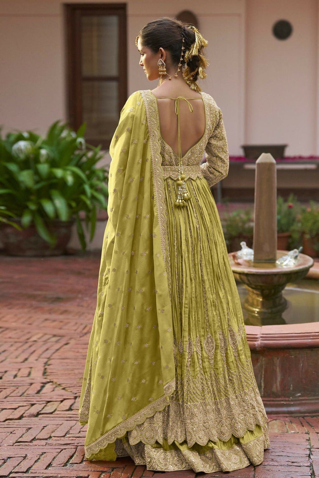 Anaita Olive Chinon Silk Stitched Anarkali Suit With Embroidered & Sequined Work | Grocsy