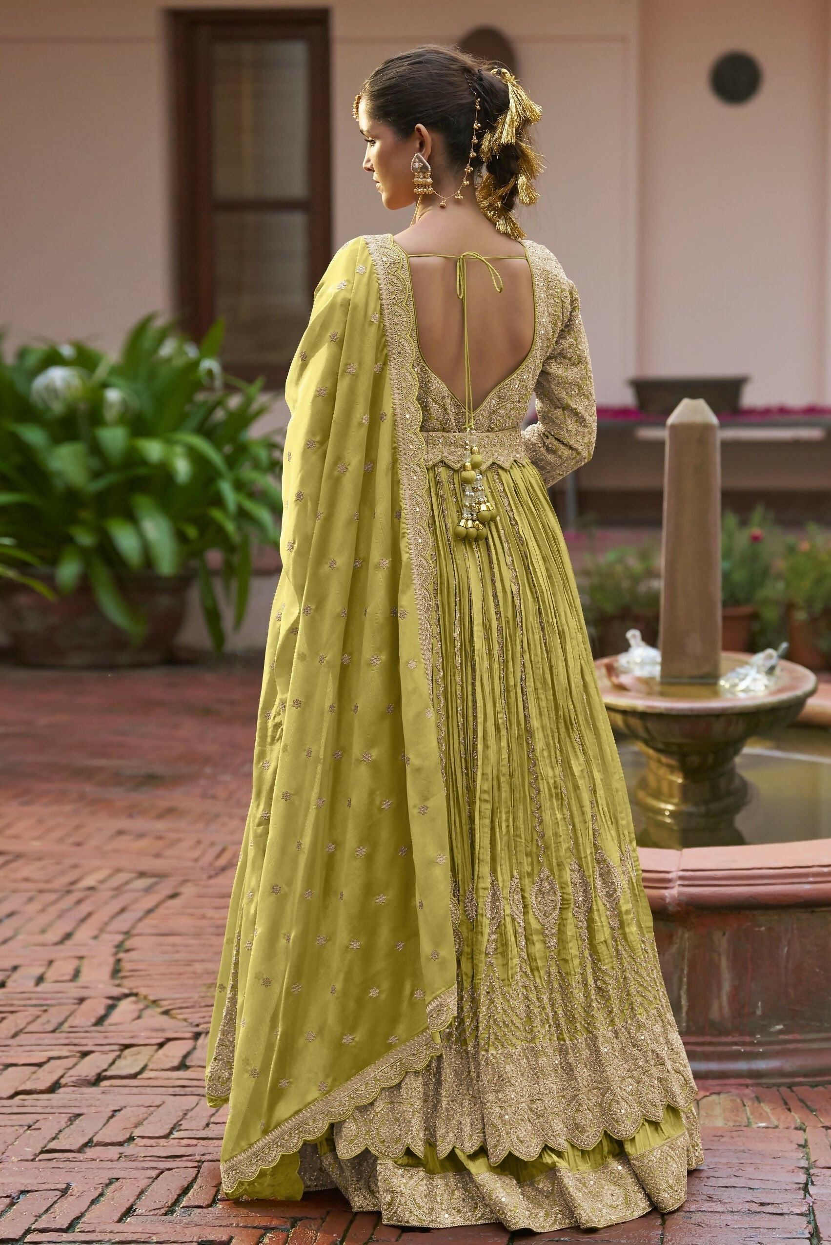 Anaita Olive Chinon Silk Stitched Anarkali Suit With Embroidered & Sequined Work | Grocsy