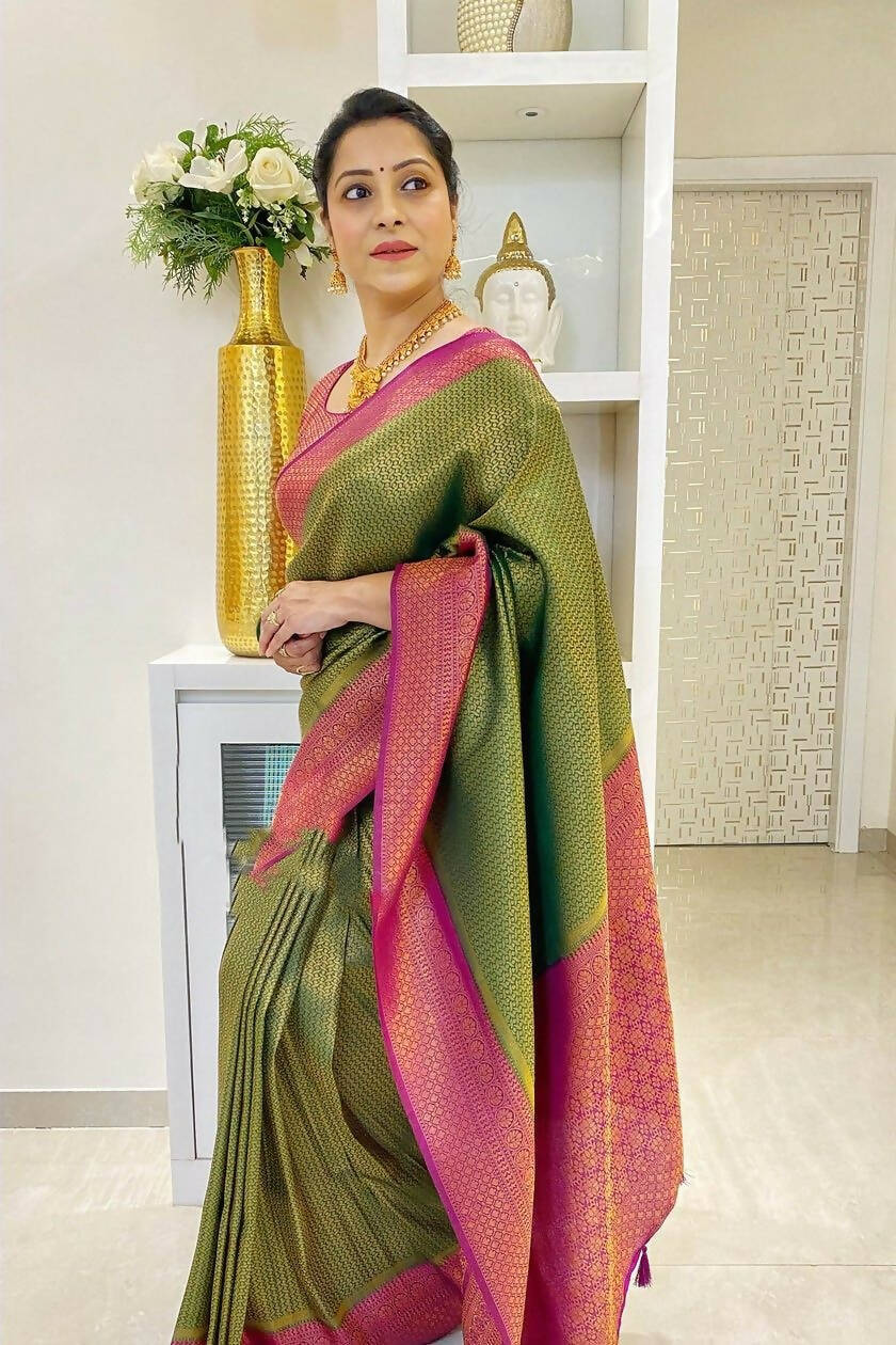 DEIANA'S Beautiful Designer Golden zari Soft Lichi Silk Saree - Mehndi | Grocsy