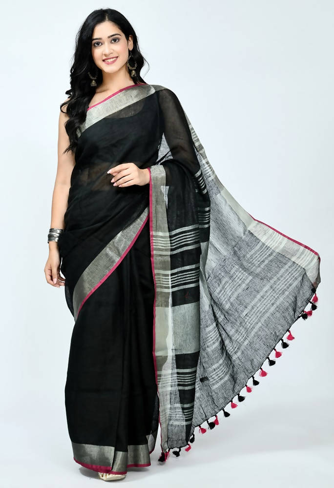 Mominos Fashion Moeza Pure Linen Black Saree | Grocsy