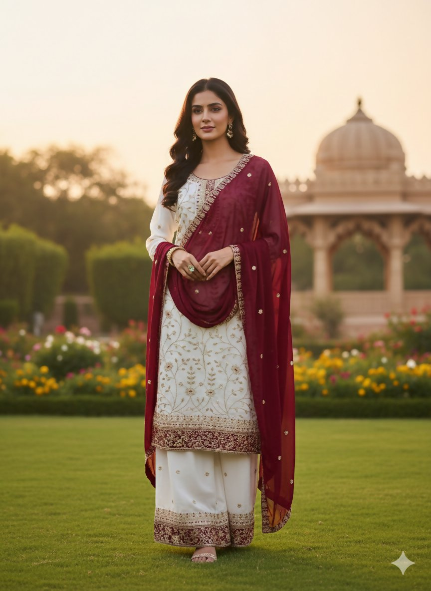 Teeya Creation White Color Faux Georgette Embroidery Work Long Party Wear Palazzo Suit | Grocsy