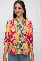 Myshka Women Multi Floral Mandarin Collar Regular Sleeves Viscose Rayon Top | Grocsy