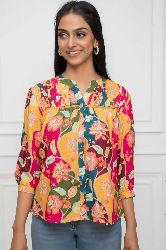 Myshka Women Multi Floral Mandarin Collar Regular Sleeves Viscose Rayon Top | Grocsy