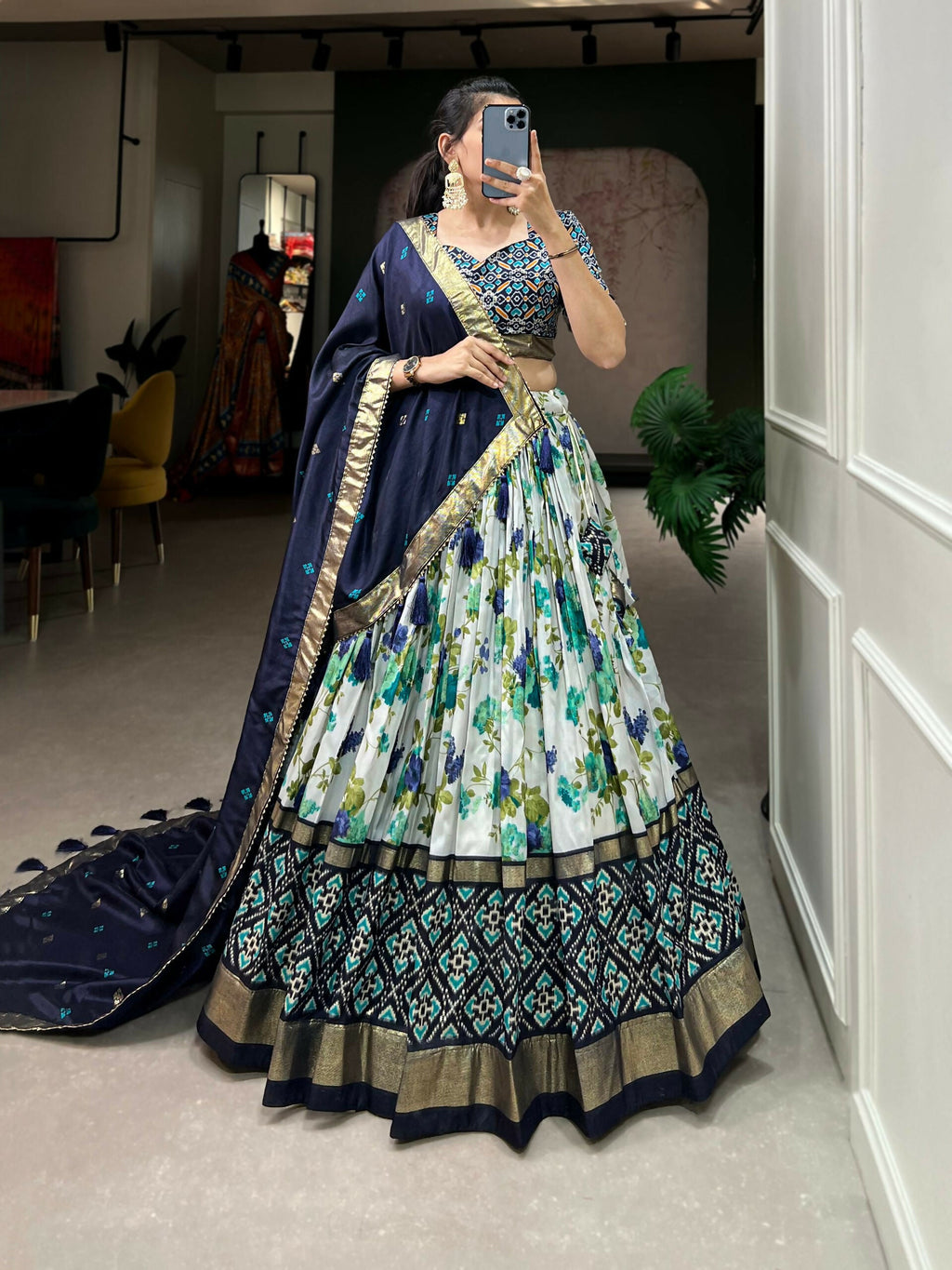 Vastranavya Exquisite Tussar Silk Lehenga Set With Perfect Floral And Patola Print Design Lehenga Choli - Navy Blue | Grocsy