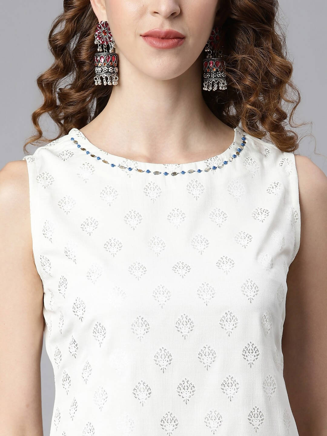 Janasya Women Off White & Silver Printed Kurta with Palazzos & Dupatta | Grocsy