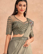 Green Satin Embroidered Ready To Wear Saree With Unstitched Blouse Piece - Nandika | Grocsy