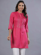 Juniper Women Fuchsia Chinon Silk Mukesh Work Straight Tunic | Grocsy