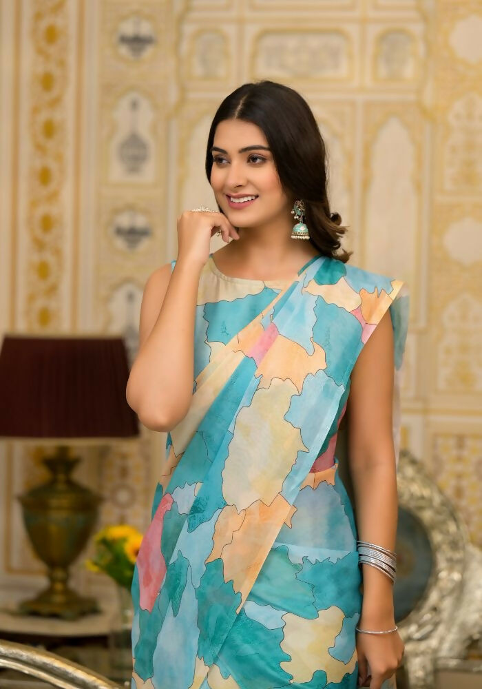 Partywear Designer Sky Slime Georgette Fancy Saree - Anbazaar | Grocsy