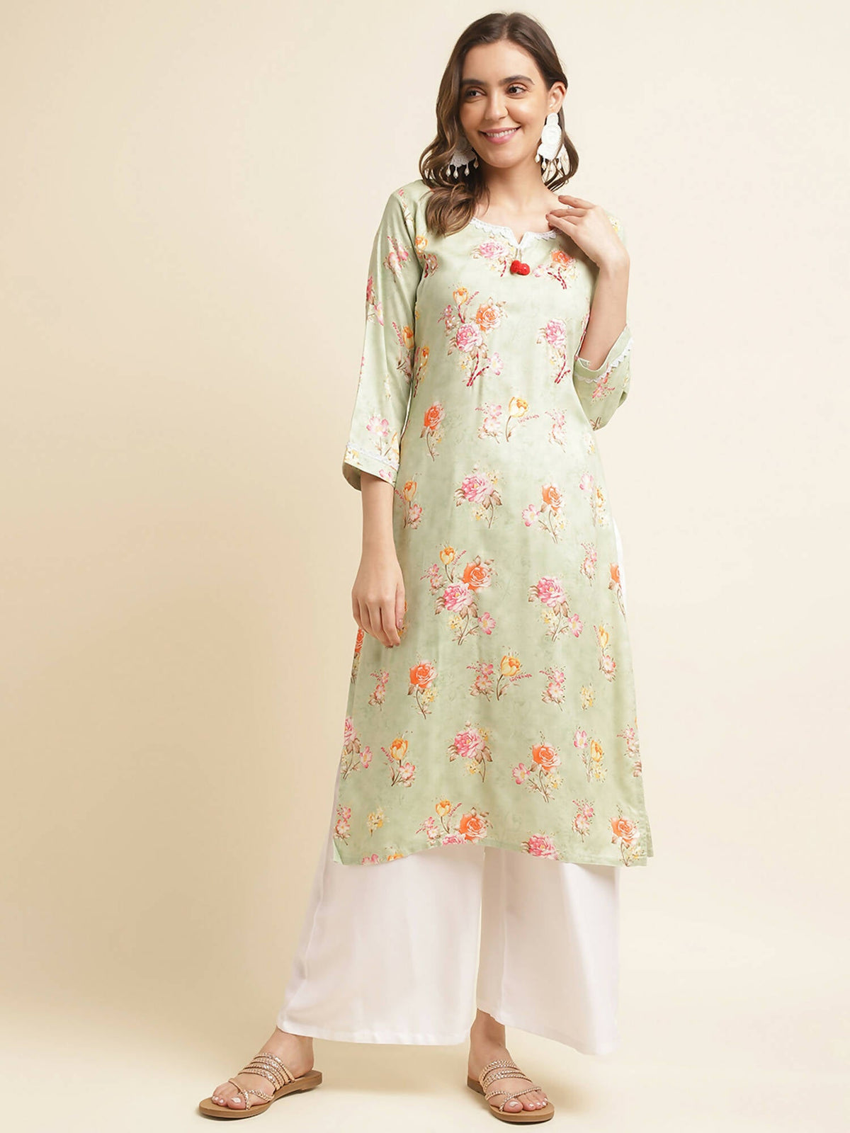 Green Poly Rayon Floral Printed Straight Kurta - Prasuti | Grocsy