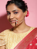 Gold-Pleated Red White Kundan Studded Beaded Nosepin - Ruby Raang | Grocsy