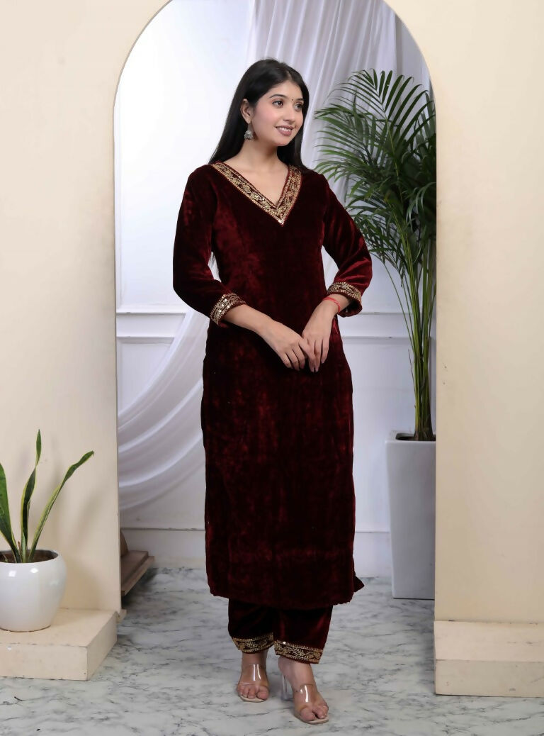 Miravan Women's Maroon Velvet Sequence Work Straight Kurta With Palazzo | Grocsy
