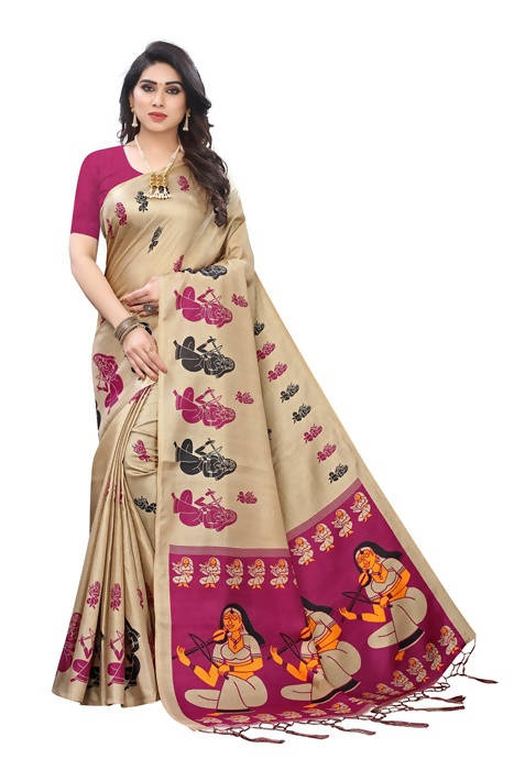 Vamika Brown and Pink Kalamkari Print With Jhalar Khadi Silk Saree (SHABRI WINE) | Grocsy
