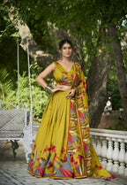 Vastranavya Polyester Viscose Chanderi Lehenga Choli With Intricate Print And Dupatta - Mustard | Grocsy