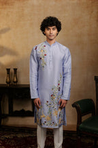 Falling Raw Silk Power Blue Botanical Bloom Kurta Set By Hilo Design | Grocsy