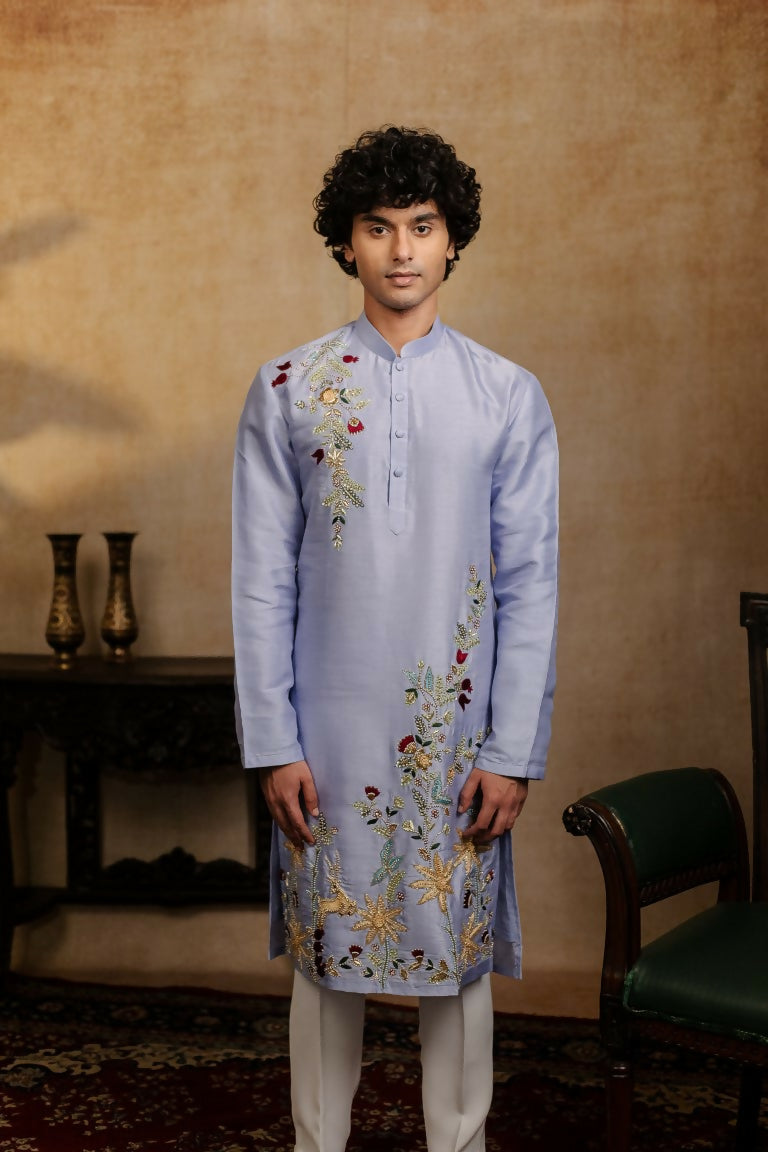 Falling Raw Silk Power Blue Botanical Bloom Kurta Set By Hilo Design | Grocsy
