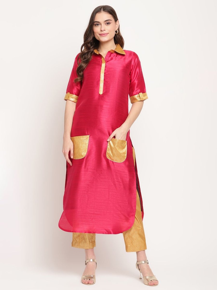 Ahalyaa Women's Dark Pink Poly Silk Kurta Trouser Set | Grocsy