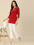 Red Chinon Floral Embroidered Top - Zeny | Grocsy