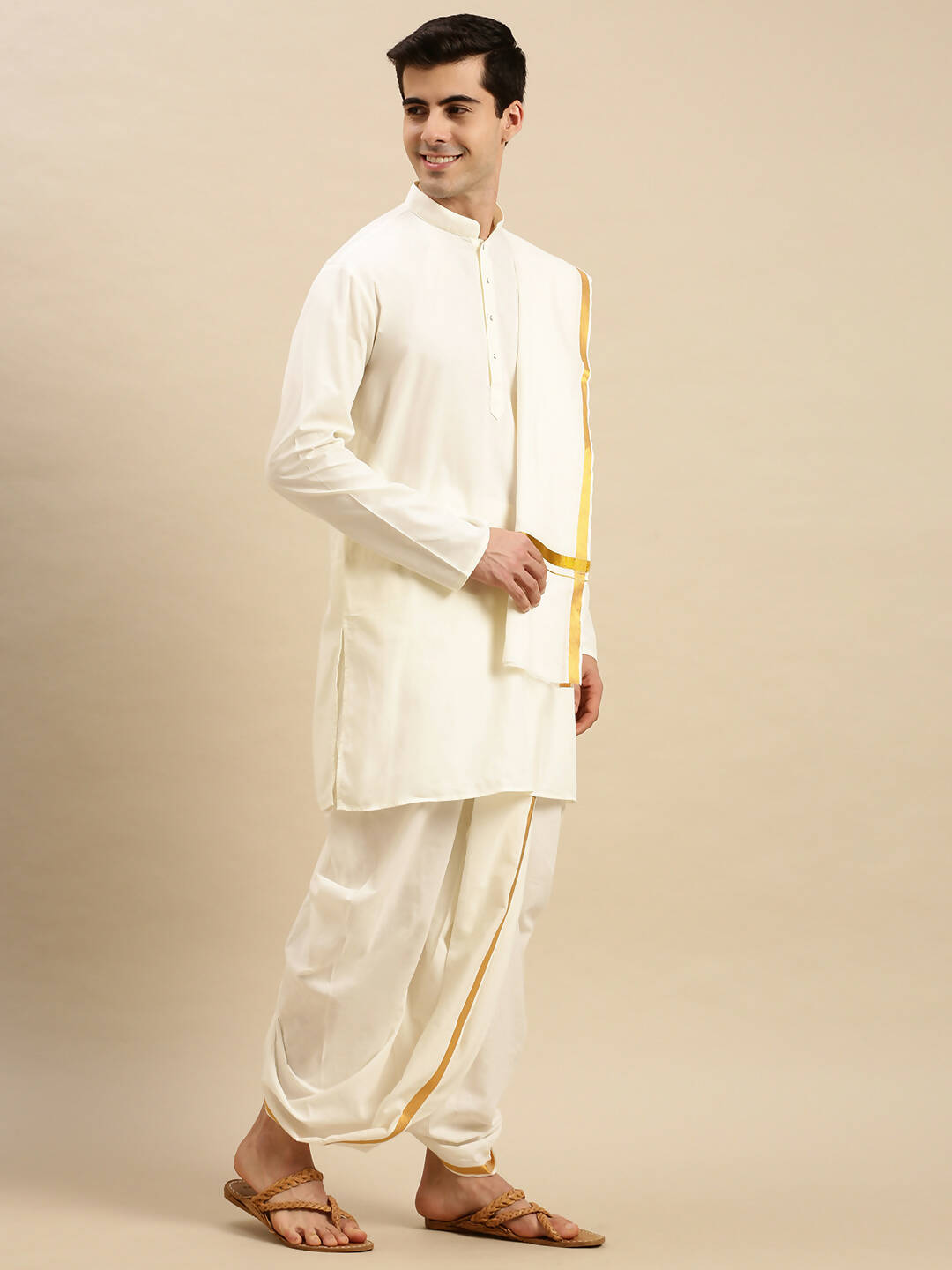 Ramraj Cotton Premium Wedding Cream Readymade Panchakacham,Kurta & Towel Set RP Jari | Grocsy
