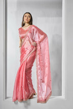 Coral Burburry silk Designer Embroidery Work Saree - Shezlin | Grocsy