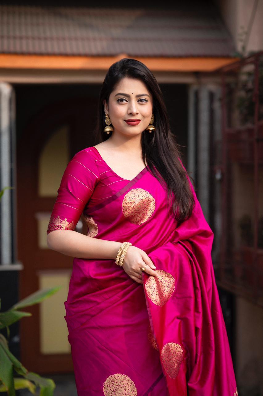 Rani Silk Woven Saree with Unstitched Blouse - Hiral Fashion | Grocsy