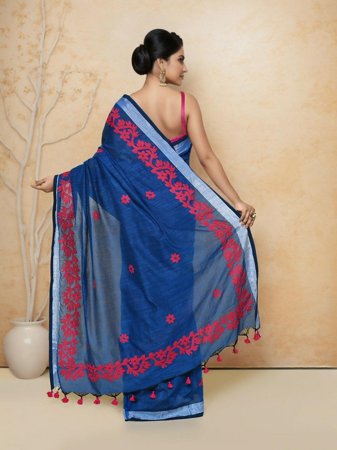 Joban Fashion Blue Cotton Applic Saree | Grocsy