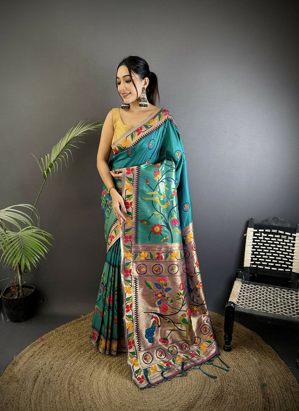 Joban Fashion Cyan Blue Paithani Soft Silk Meenakari Saree | Grocsy