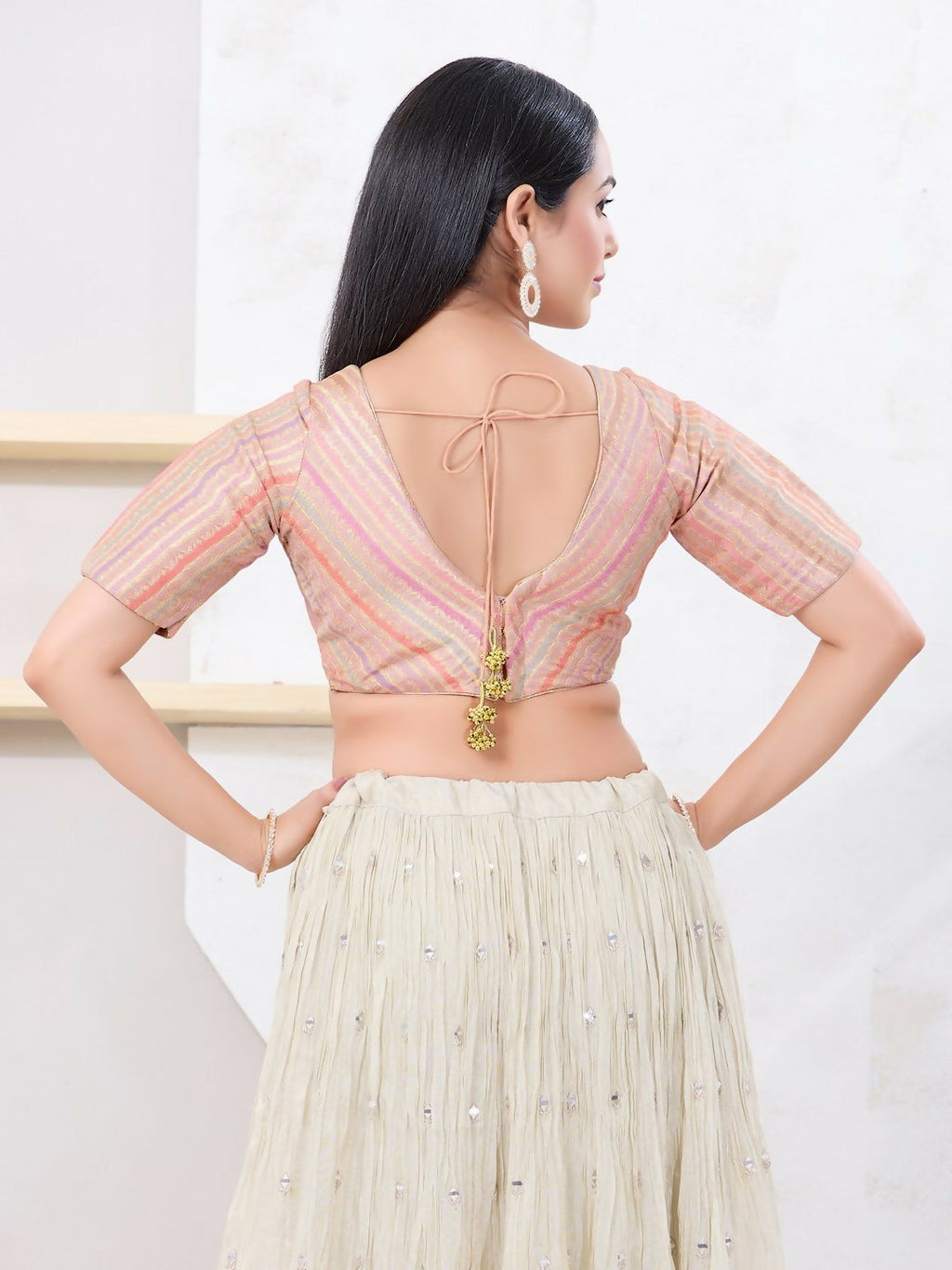 Joban Fashion Peach Jacquard Elbow Sleeveless Back Open Blouse | Grocsy